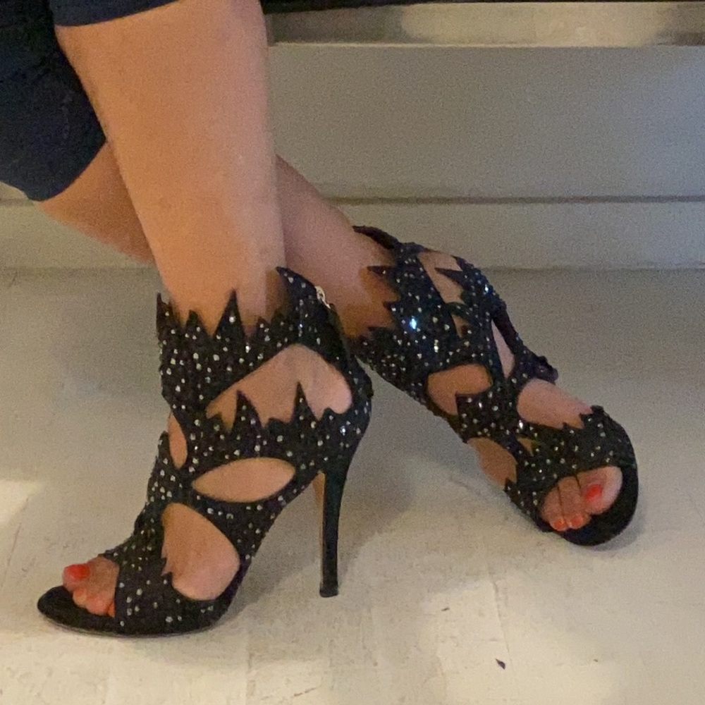 Giuseppe Zanotti black swan satin ankle sandals